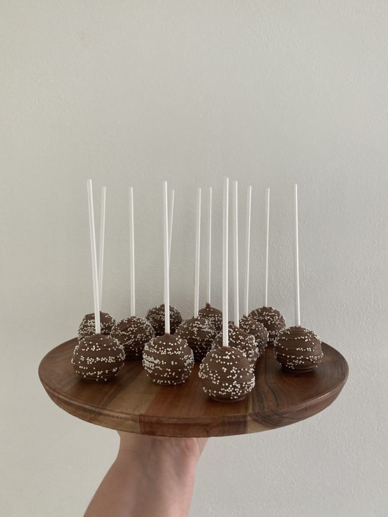 Chocolate cake pops on a platter