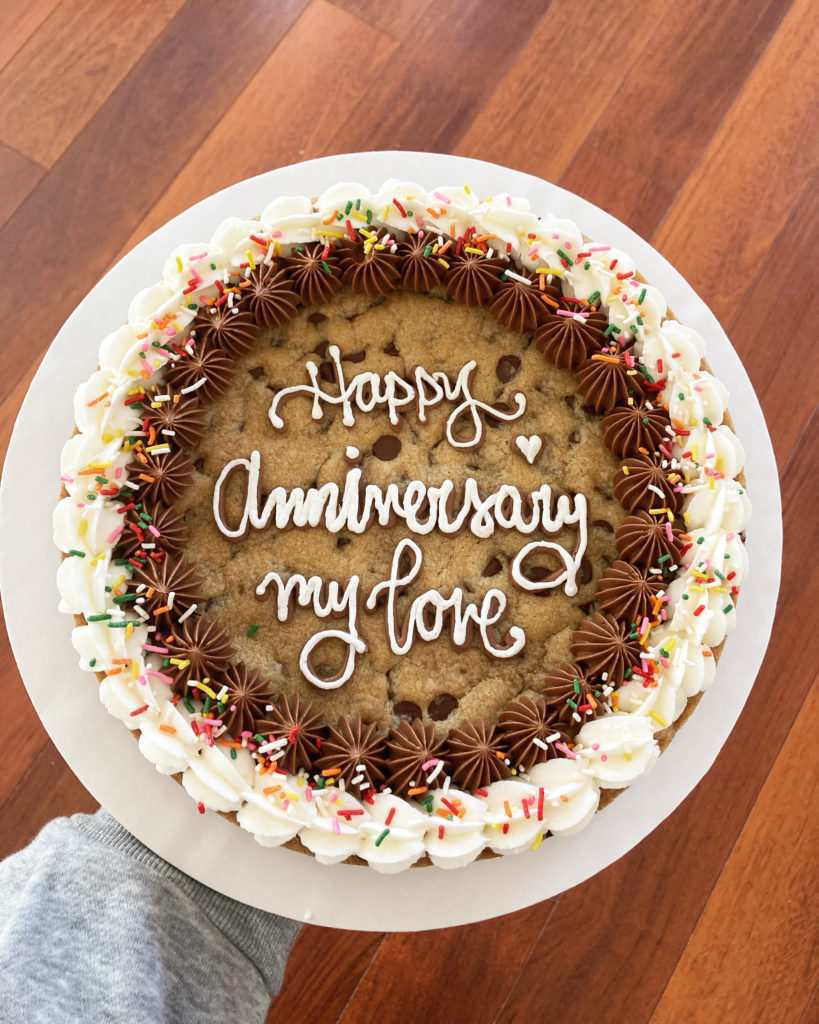 Anniversary chocolate chip cookie cake