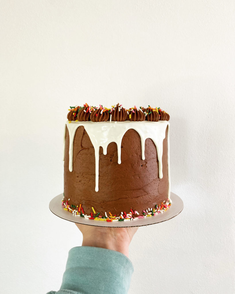 Chocolate cake with white drip