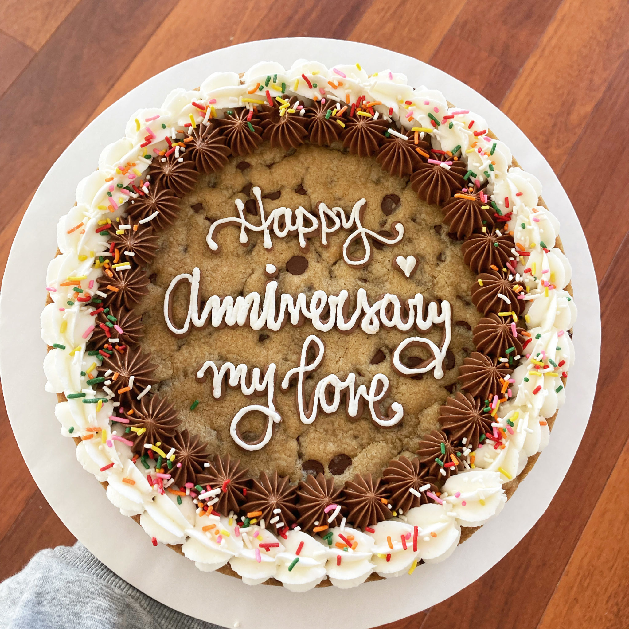 Anniversary chocolate chip cookie cake